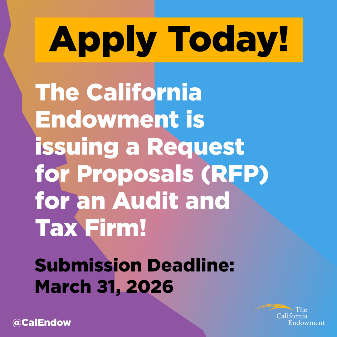 Apply Today in black letters. Text in white outlining RFP. Text in black with deadline. Background is shades of purple, yellow, and a turquoise color with state of California outline.